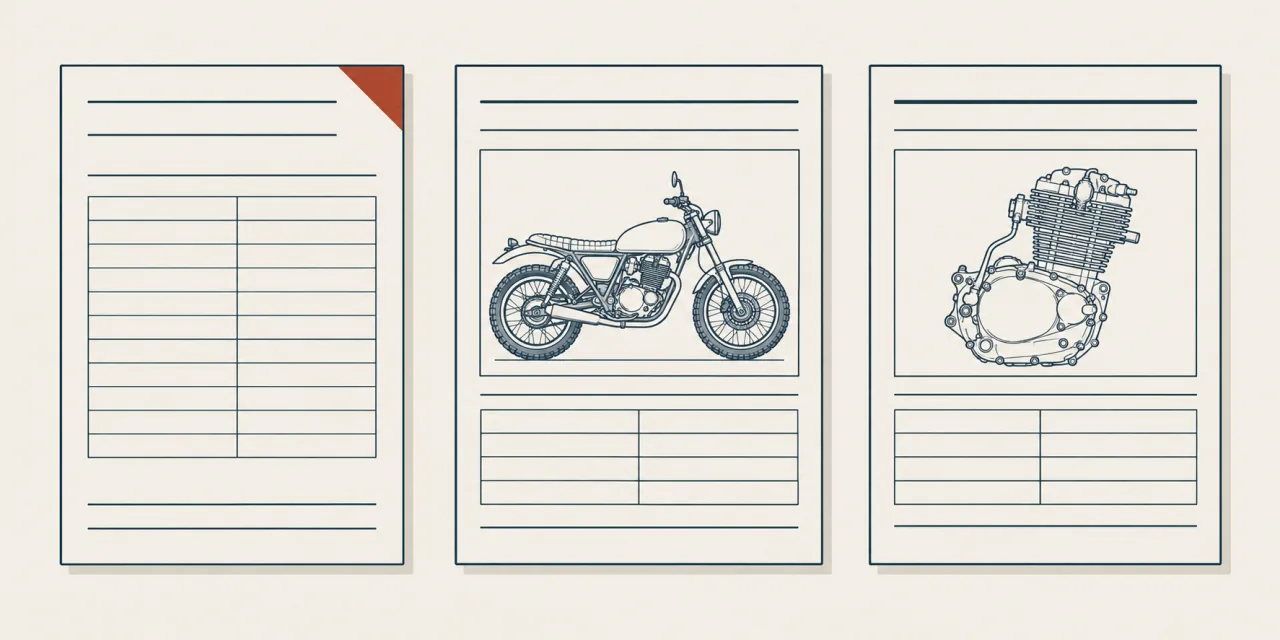 Trois documents techniques côte à côte : un tableau réglé marqué d’un onglet rouge, une fiche montrant une moto de profil, une fiche montrant un moteur monocylindre