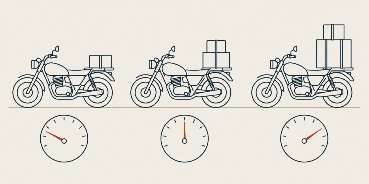 Trois motos identiques dessinées au trait, chargées de bagages de tailles croissantes, chacune surmontant un manomètre dont l’aiguille pointe une valeur différente