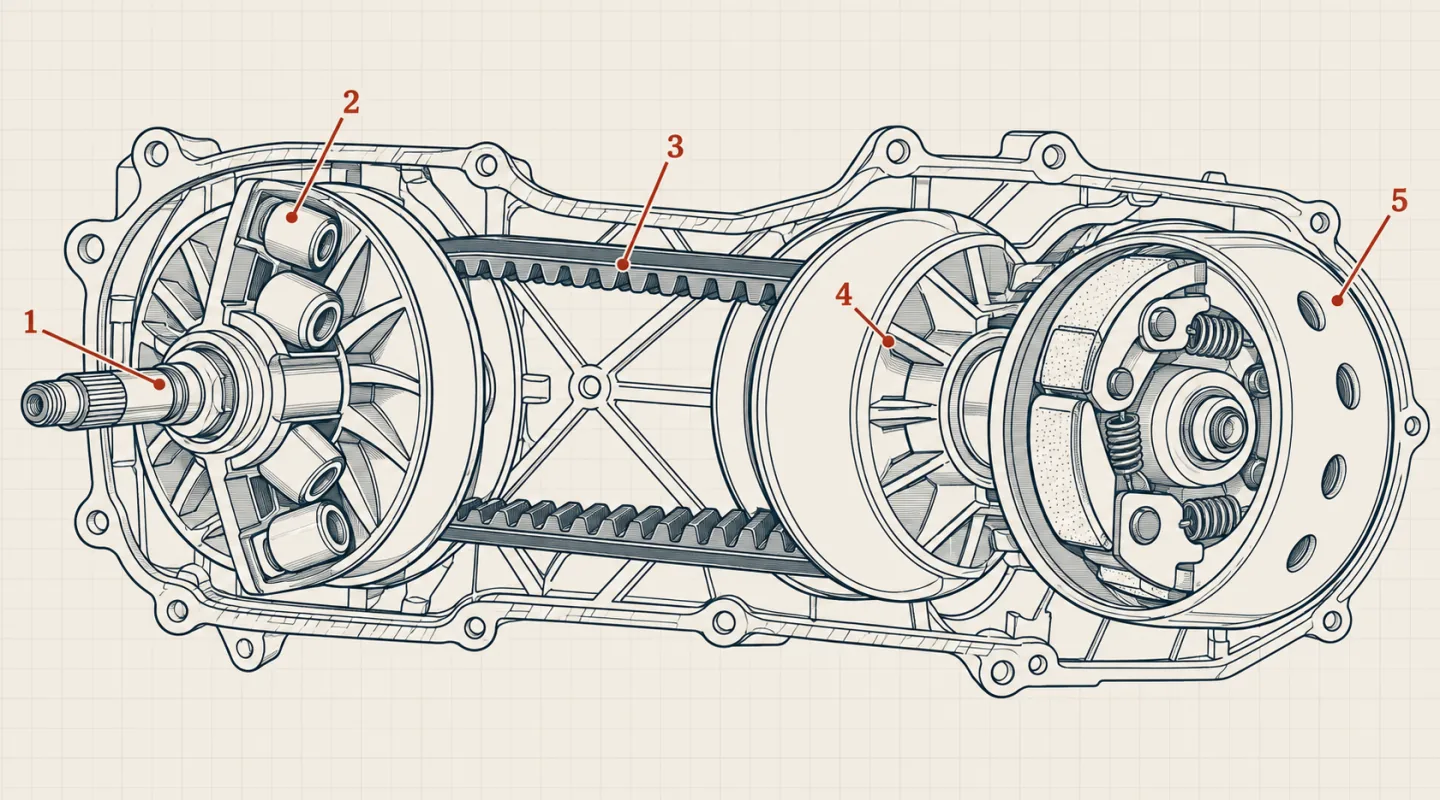 Coupe d’une transmission à variateur de scooter : poulie motrice et ses galets, courroie crantée, poulie réceptrice et embrayage centrifuge, repérés de 1 à 5