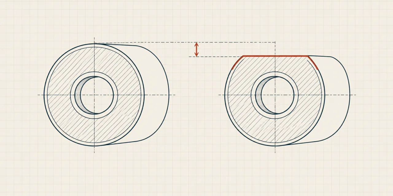 Deux galets de variateur dessinés en coupe, l’un parfaitement cylindrique, l’autre présentant un méplat souligné en rouge, avec la cote qui mesure l’écart