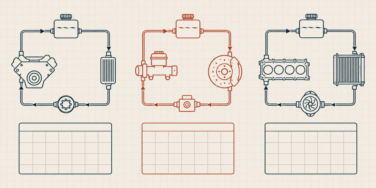 Trois circuits de fluides fermés dessinés séparément — huile moteur, freinage tracé en rouge, refroidissement — chacun surmontant un calendrier vierge