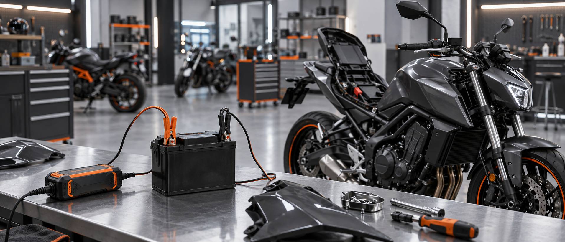 Illustration éditoriale du sujet : Batterie moto : référence d'origine, charge et remisage