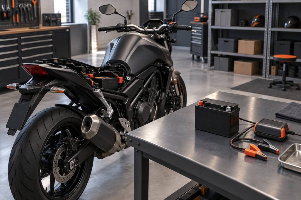 Illustration éditoriale du sujet : Batterie moto : référence d'origine, charge et remisage