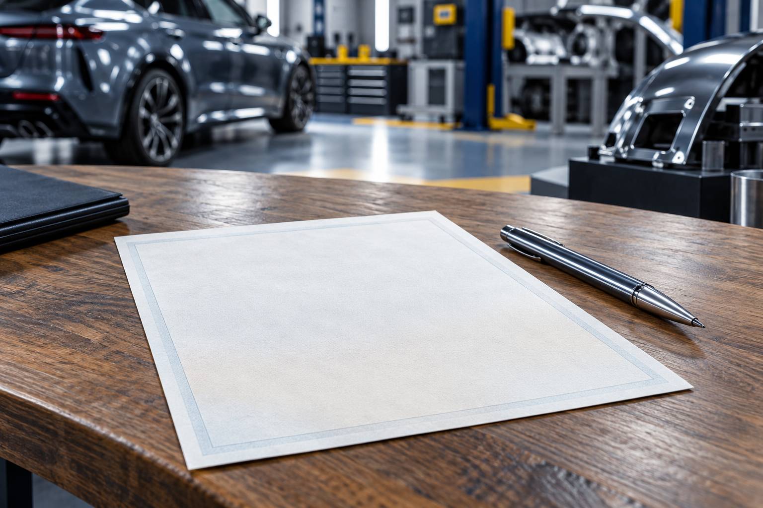 Certificat d'immatriculation vierge et stylo sur une table en bois