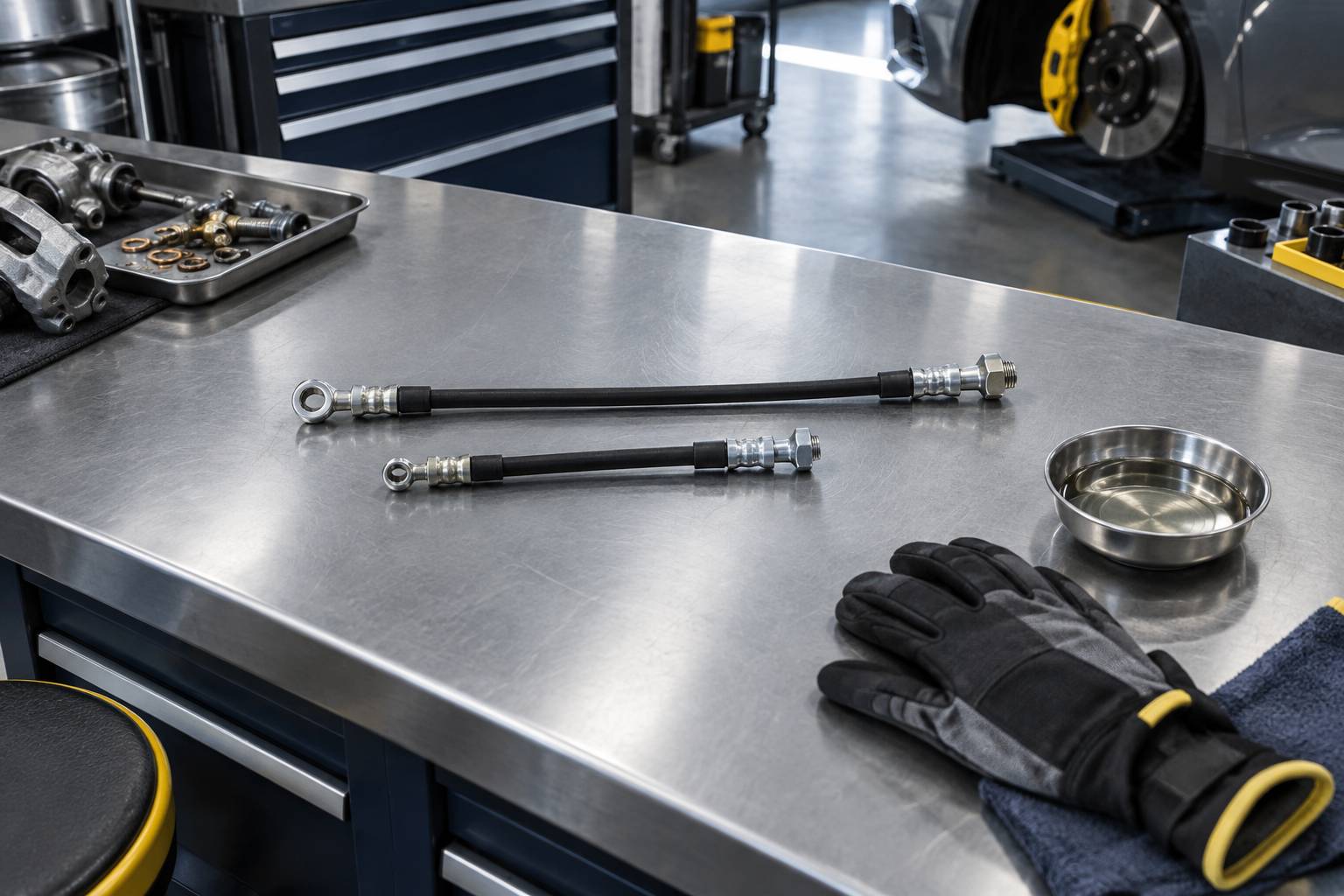 Deux durites de frein de moto avec raccords métalliques sur un plan de travail
