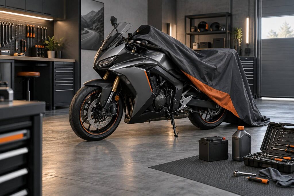 Moto générique sur béquille dans un garage avec bâche et outils