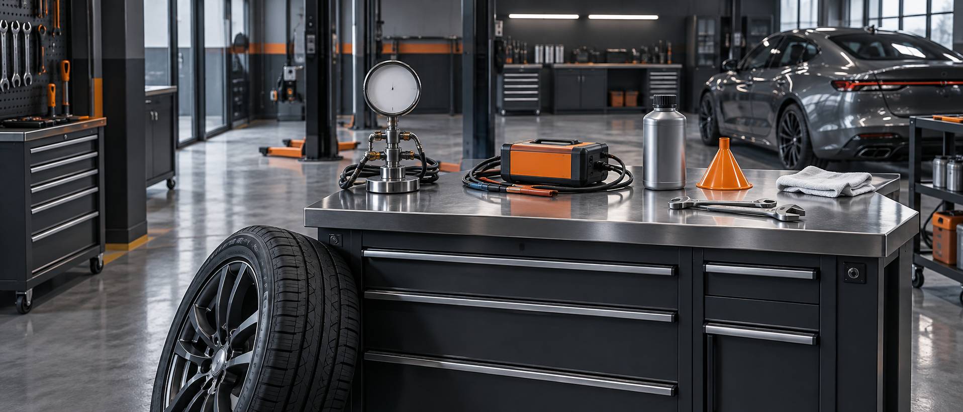 Manomètre, chargeur de batterie et outils rangés sur un établi d'atelier