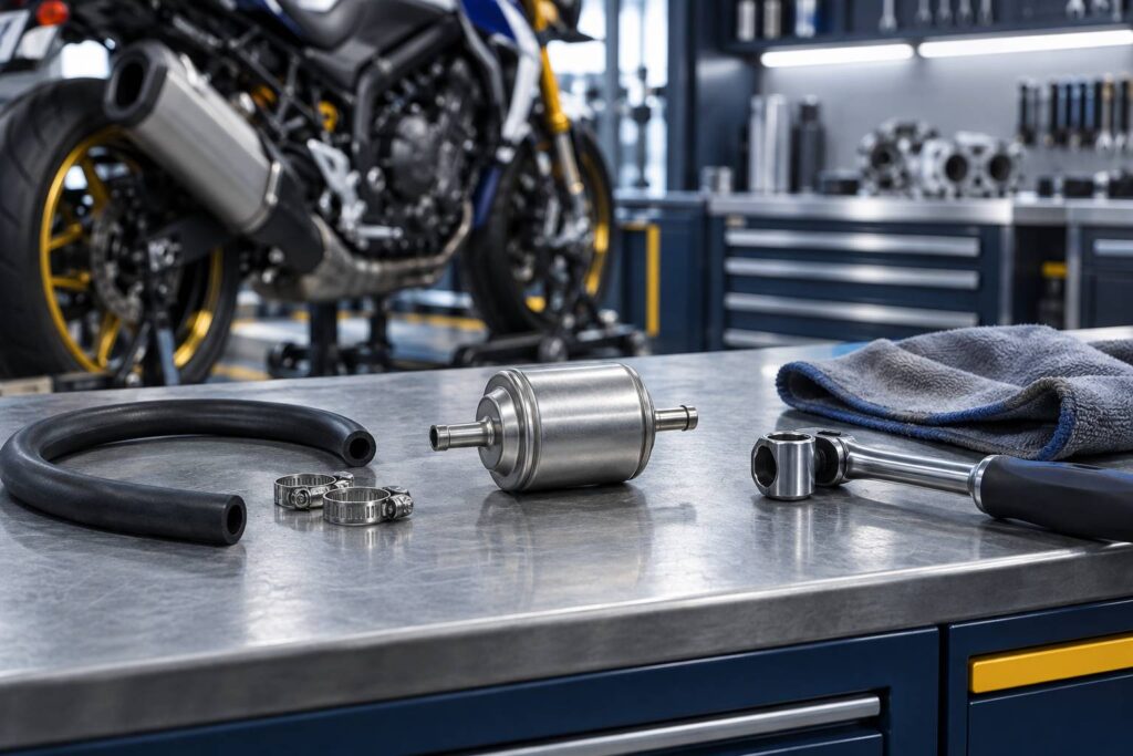Filtre a essence de moto et durite poses sur un etabli