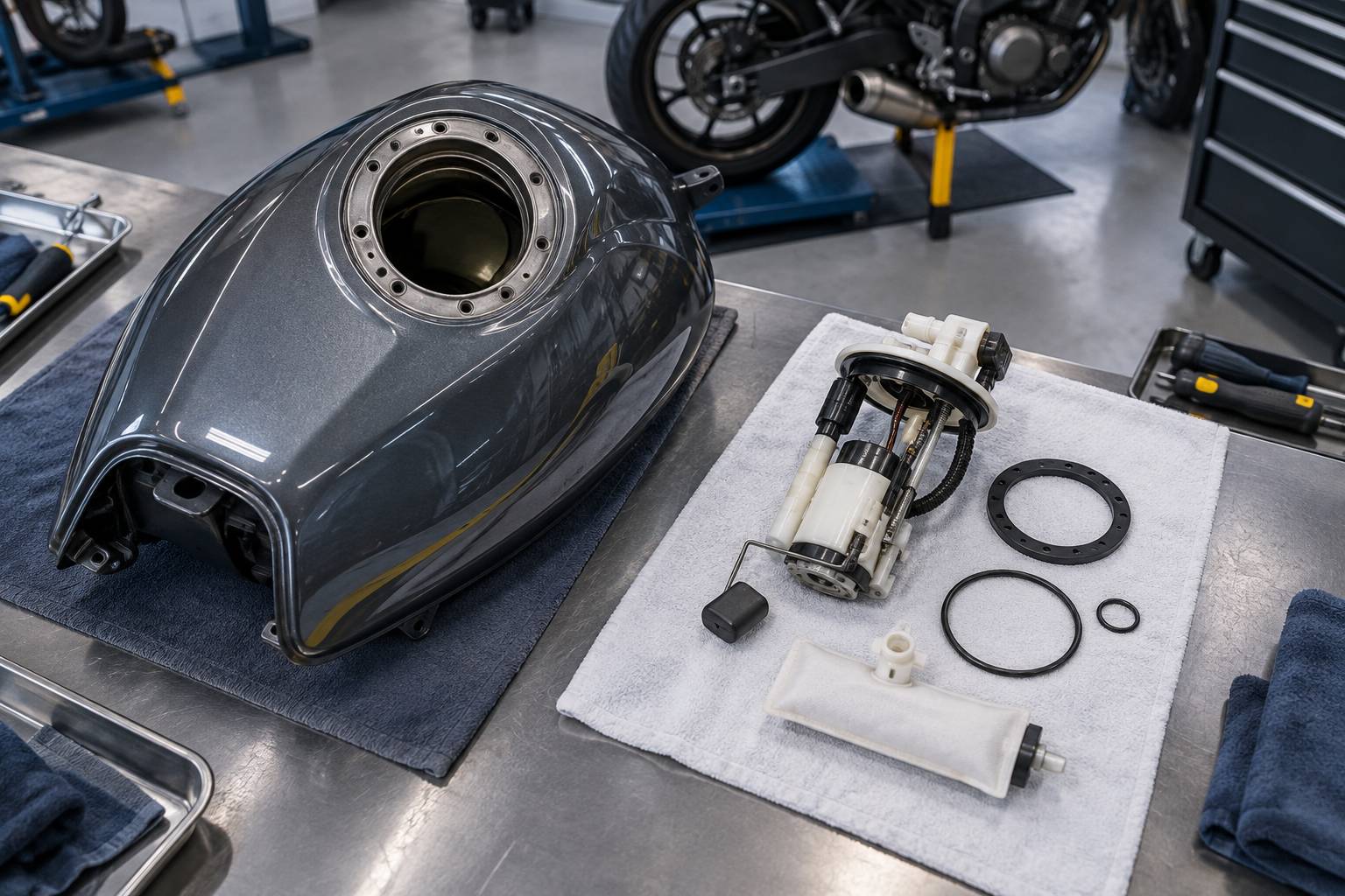Filtre et module de pompe retires poses sur un chiffon d'atelier