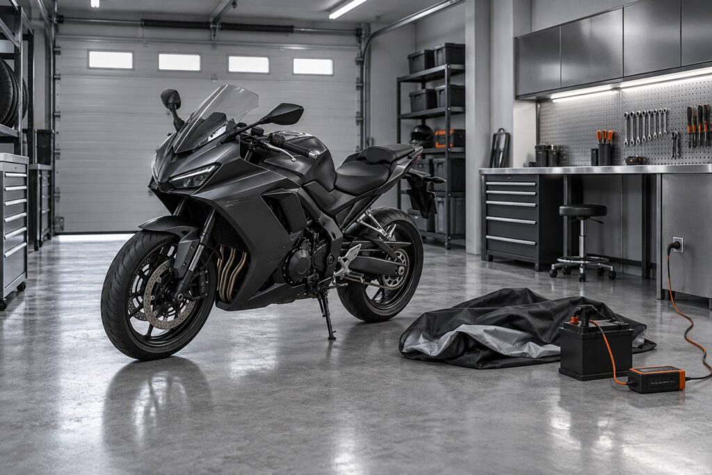 Moto generique sur bequille dans un garage d'hiver avec chargeur de batterie
