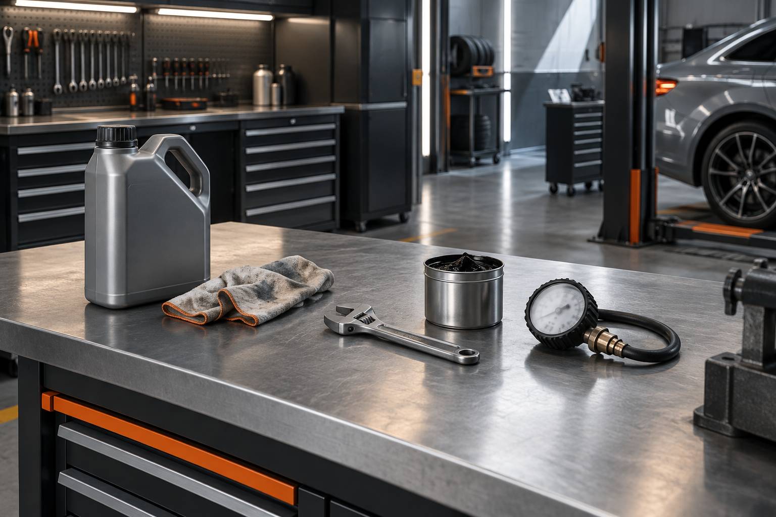 Etabli de garage avec bidon d'huile, cle a molette et manometre
