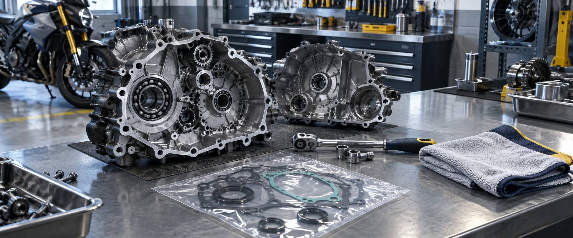 Carter metallique demonte et cle a douille sur un etabli d'atelier moto