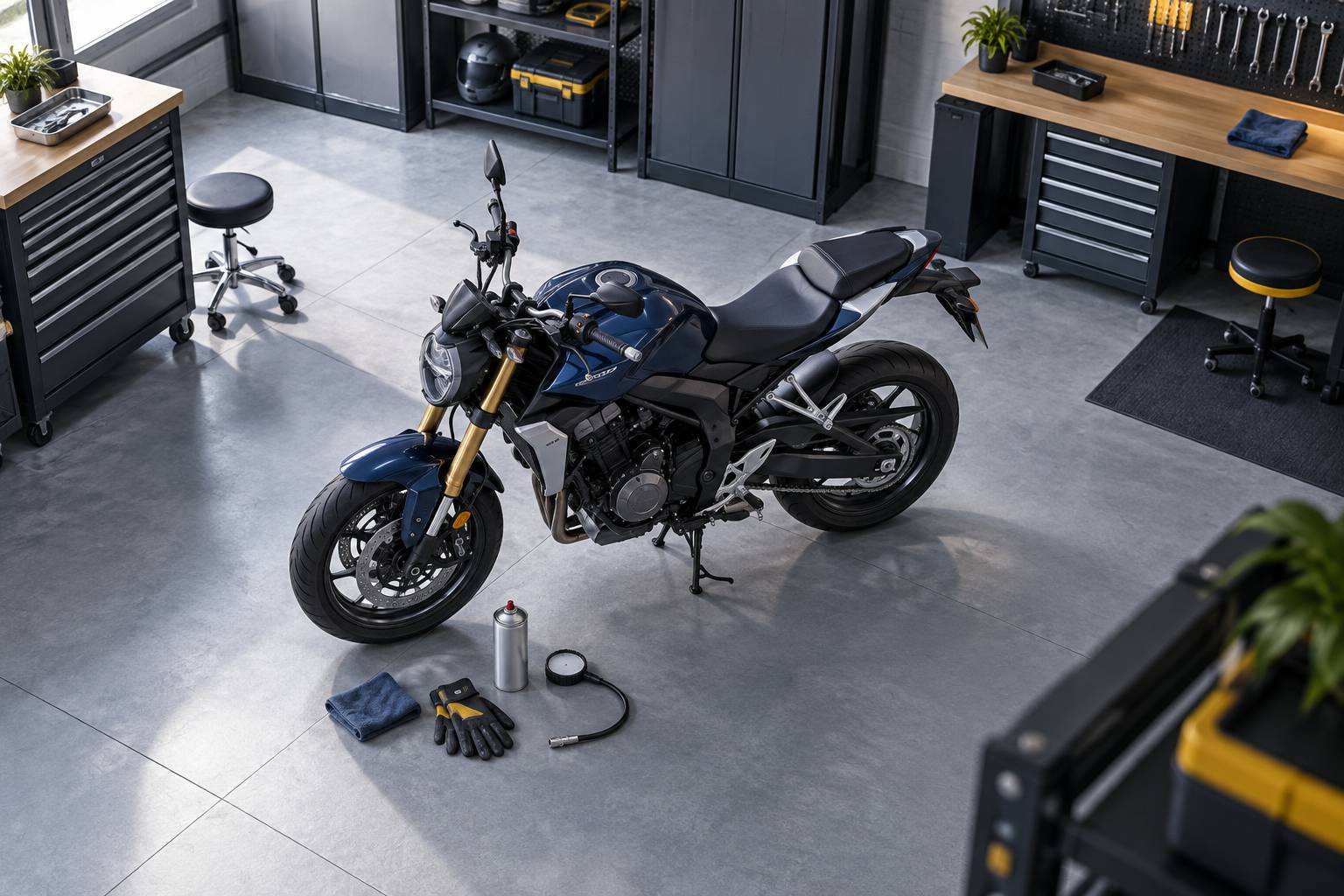 Controles avant depart autour d'une moto sur bequille centrale