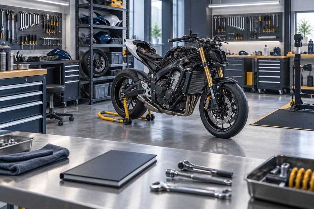 Moto partiellement demontee dans un atelier propre avec carnet technique ferme