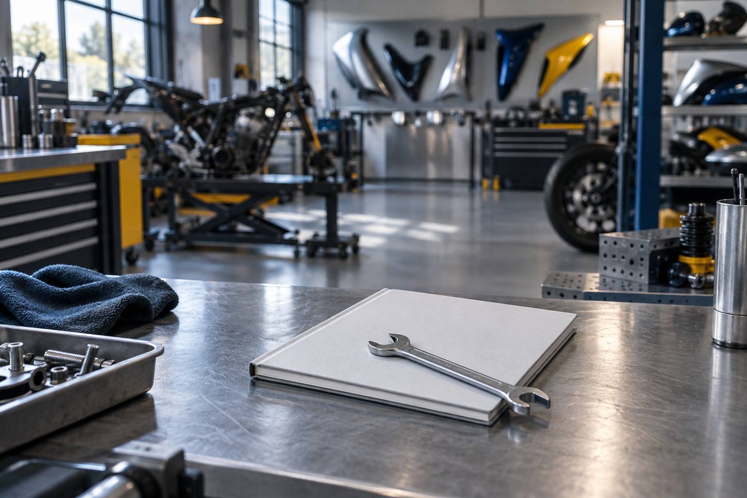 Carnet technique ferme et cle plate sur un etabli d'atelier moto