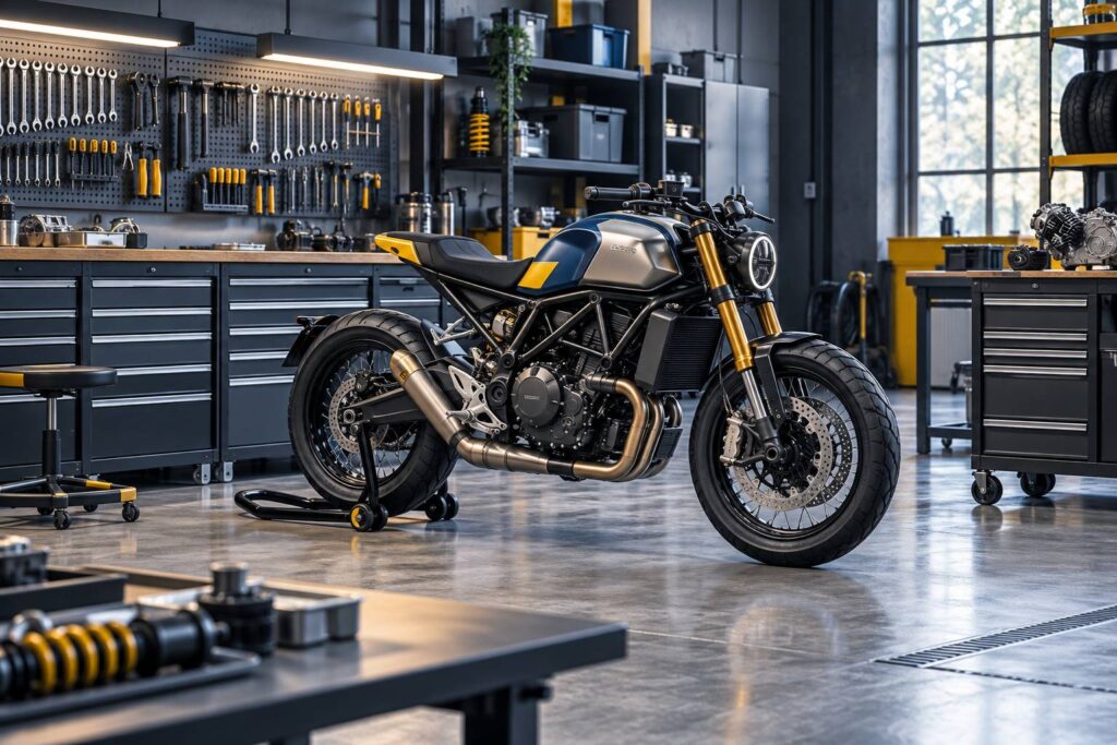 Moto générique sans marque dans un garage à côté d'un établi