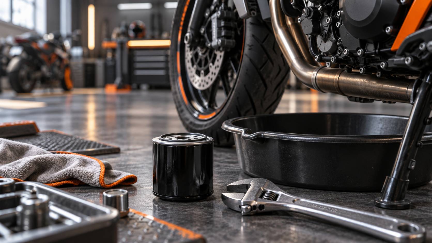Atelier moto avec filtre a huile neuf, outils d'entretien et bac de vidange