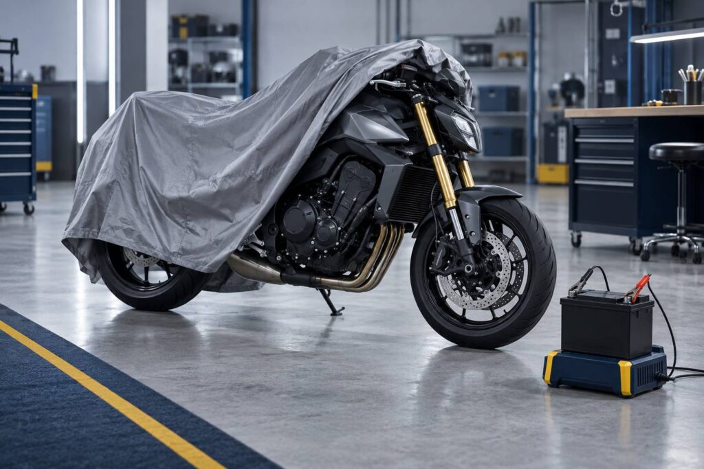 Moto generique sous housse dans un garage propre avec chargeur