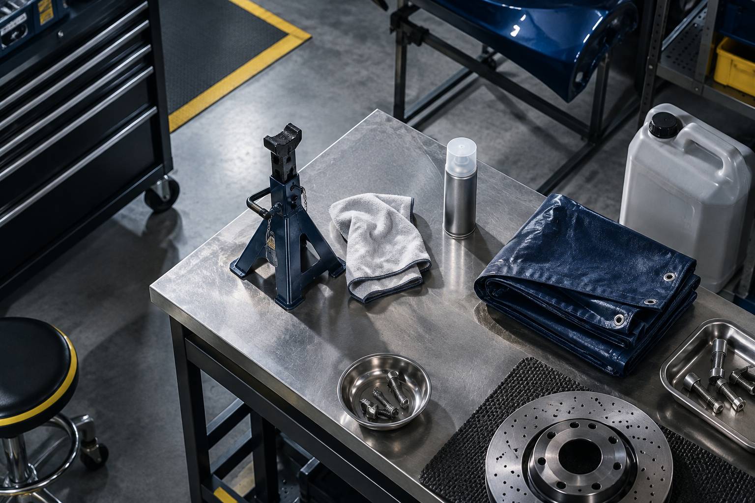 Etabli de garage avec bequille, bache pliee et bombe de protection