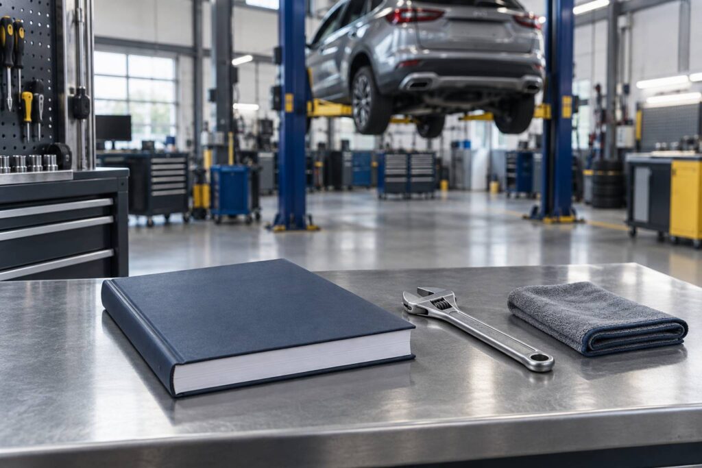 Atelier automobile avec manuel d'entretien ferme et outils sur un etabli