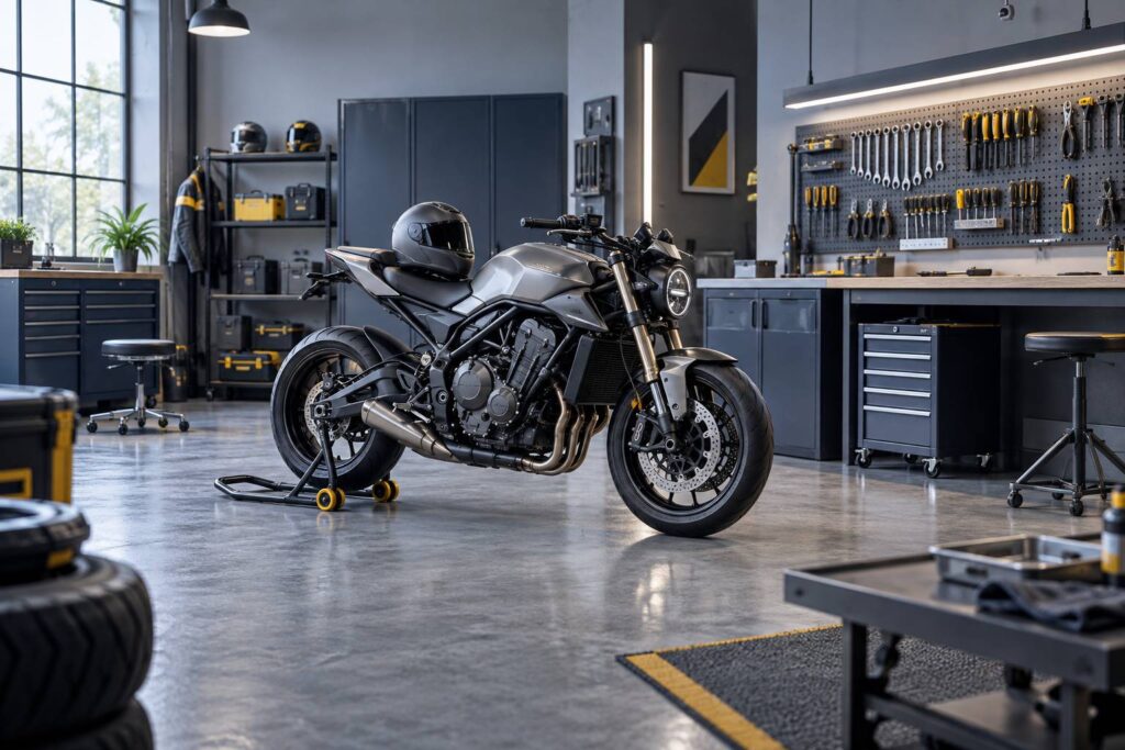 Moto générique sur béquille dans un atelier avec établi