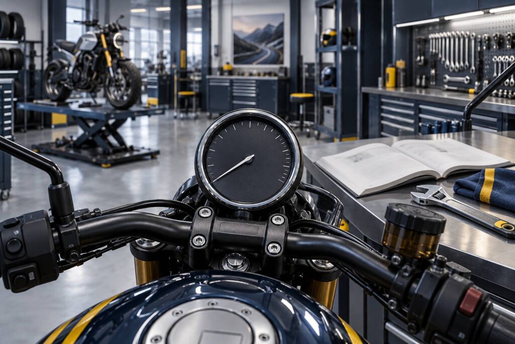 Compteur de moto au guidon dans un atelier avec manuel d'entretien