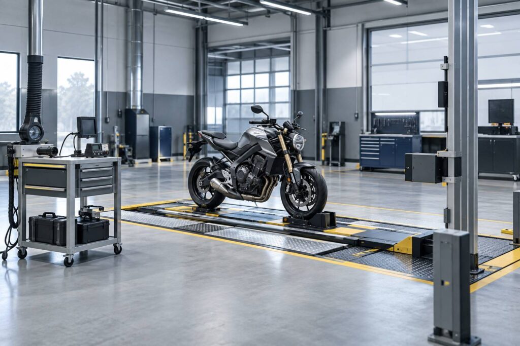 Moto sur la ligne d'un centre de controle technique