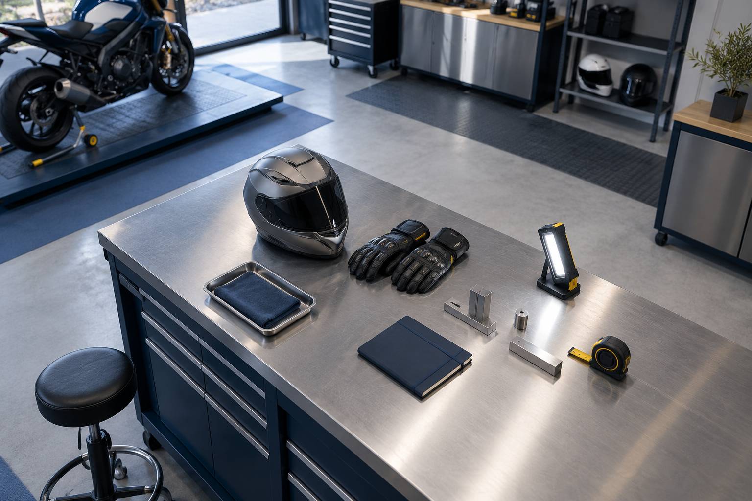 Casque, gants et outils de controle sur un etabli d'atelier