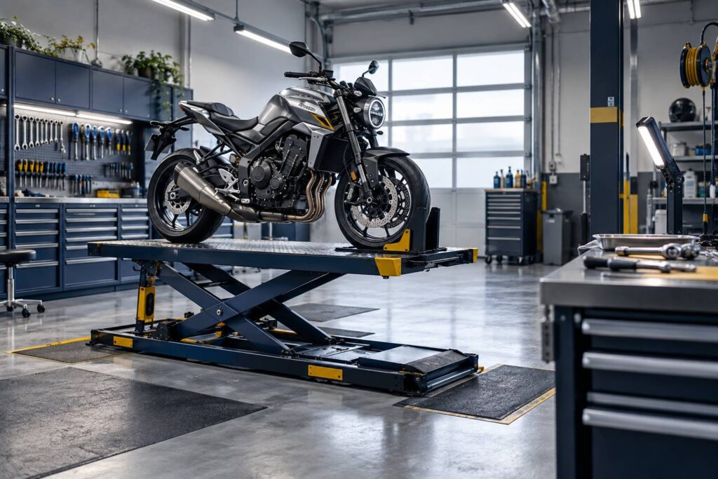 Moto generique surelevee sur un pont dans un atelier de controle technique