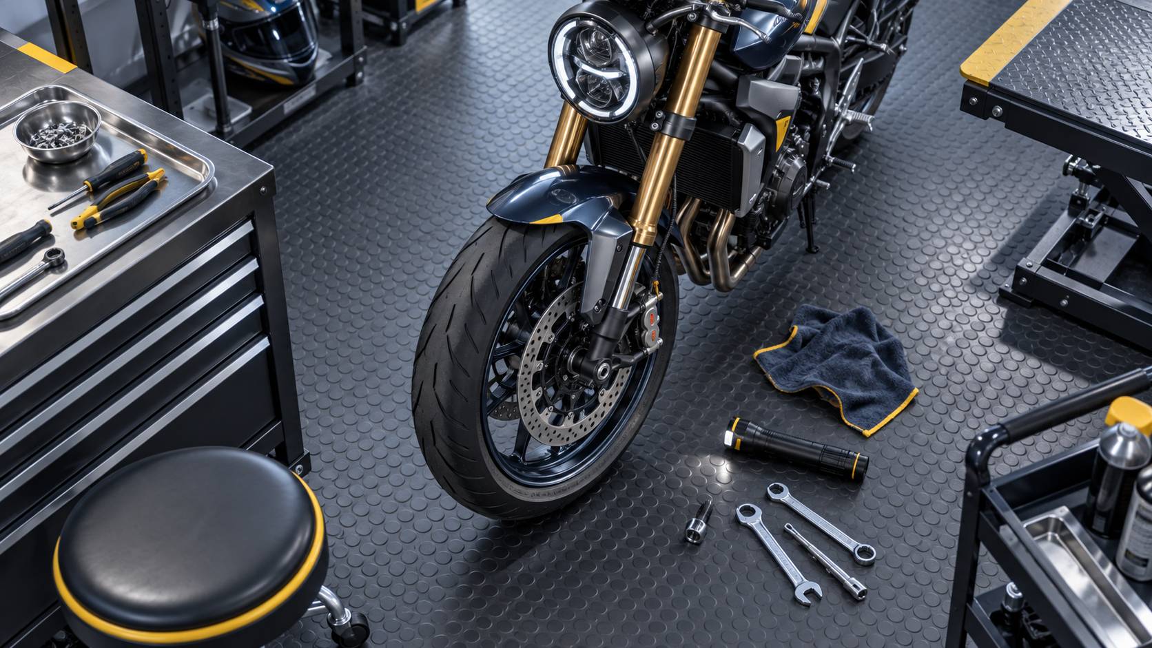 Roue, frein et phare d'une moto inspectes dans un atelier avec lampe et outils