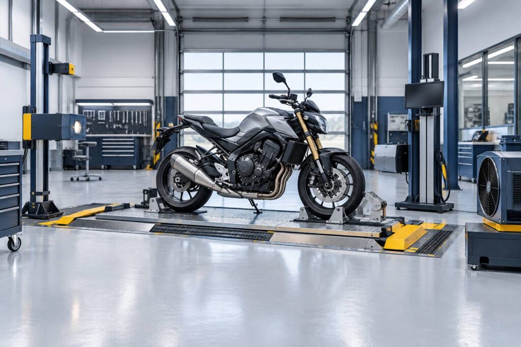 Moto routière sur un banc de contrôle technique dans un atelier