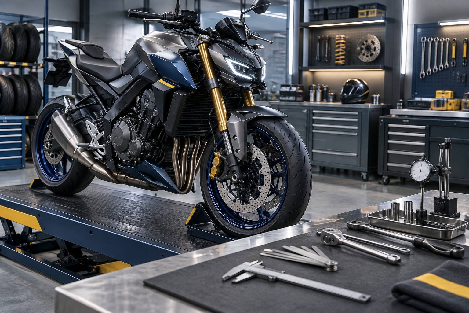Moto sur un banc d'atelier avec pneus, freins et outils de mesure