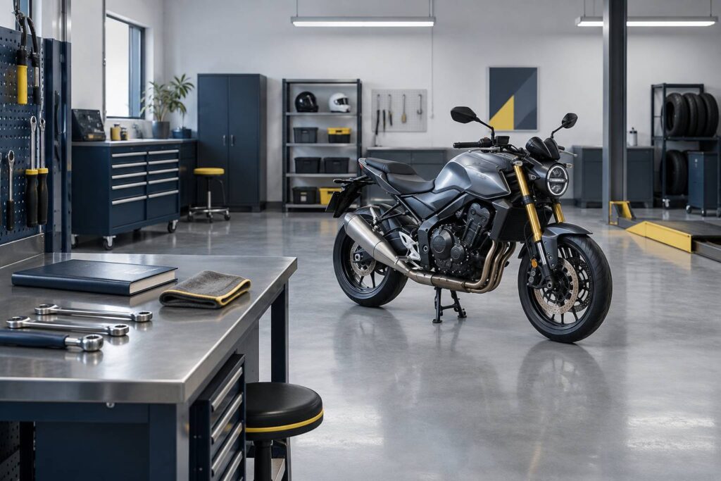Moto routiere generique sur beguile centrale dans un atelier sobre