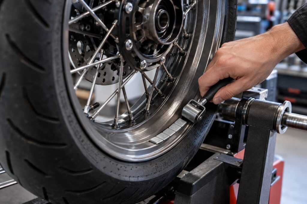 Illustration de détail sur le sujet : Équilibrage de roue moto : pourquoi il se refait au montage