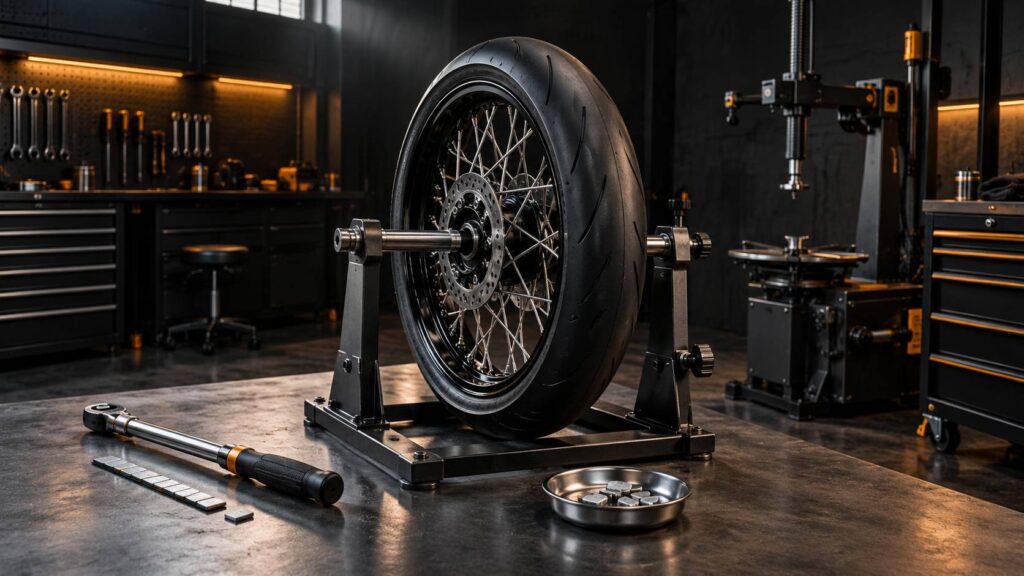 Roue de moto demontee sur un support d'equilibrage dans un atelier avec masses et cle dynamometrique
