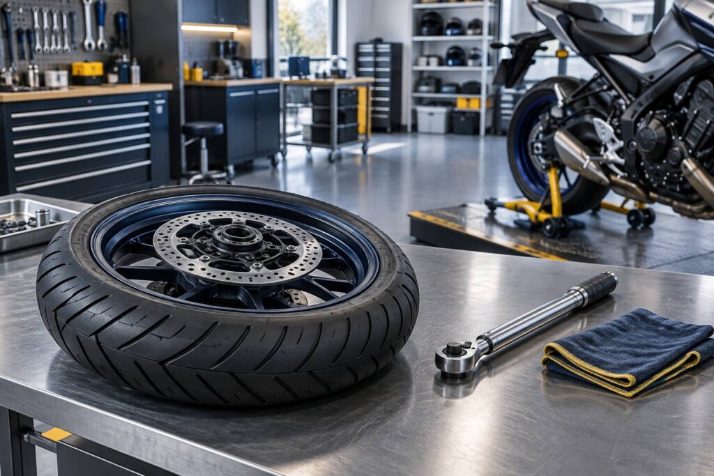 Roue de moto demontee sur un etabli d'atelier avec outils de montage
