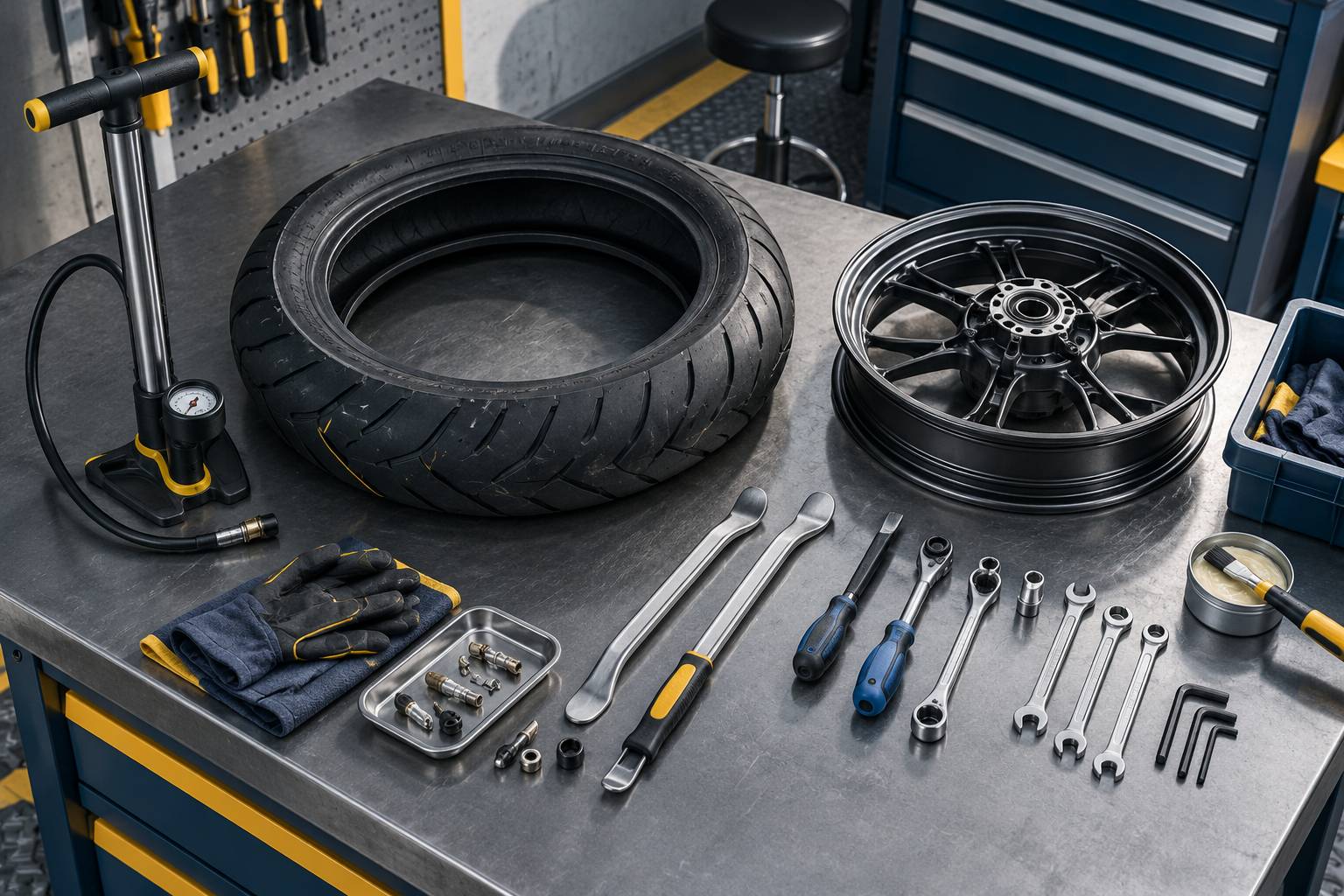 Pneu moto couche sur une jante en acier dans un atelier