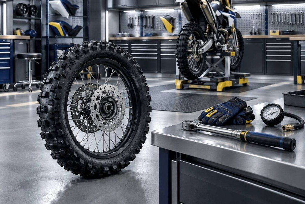 Roue de moto a pneu crampons dans un atelier avec cle et manometre