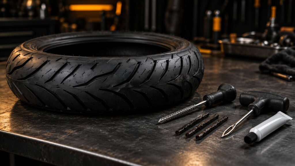 Pneu et kit de réparation par mèche posés sur un établi d'atelier