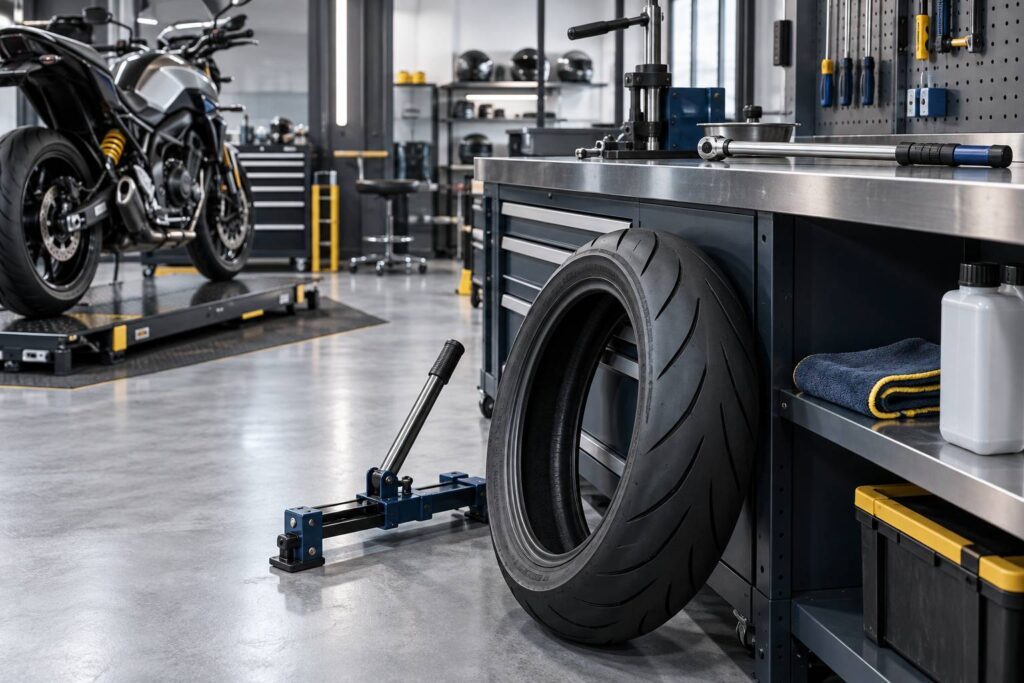 Pneu de moto pose contre un etabli avec demonte-pneu et cle dynamometrique