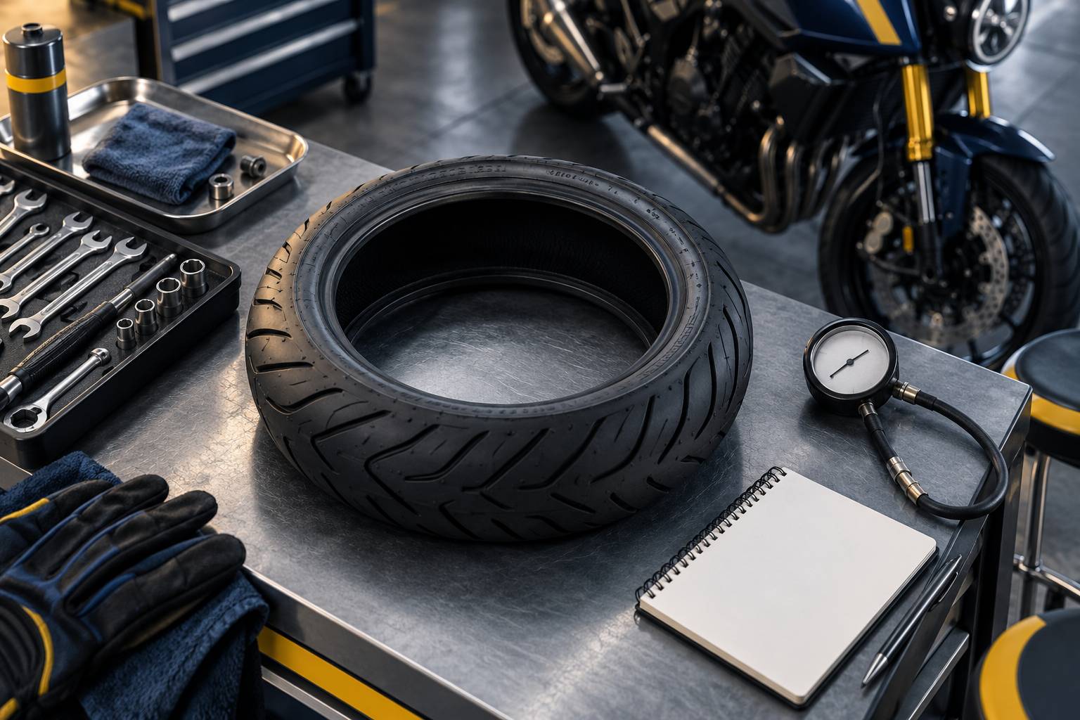 Pneu de moto a plat sur un etabli d'atelier avec manometre et cles