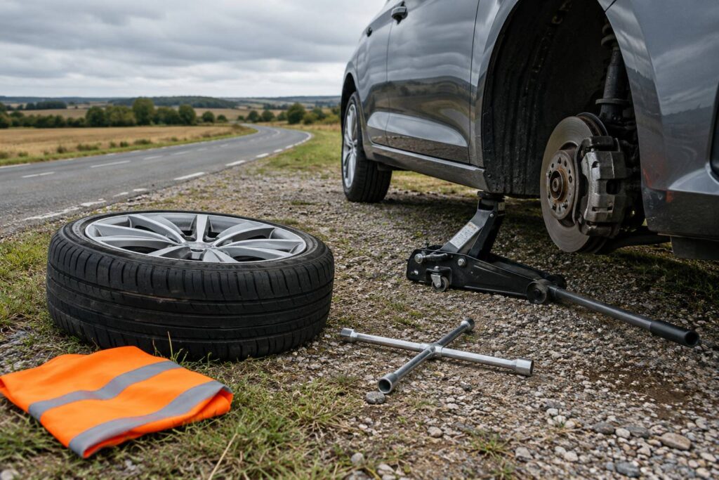 Pneu à plat sur une jante en alliage avec cric rouleur au bord d'une route