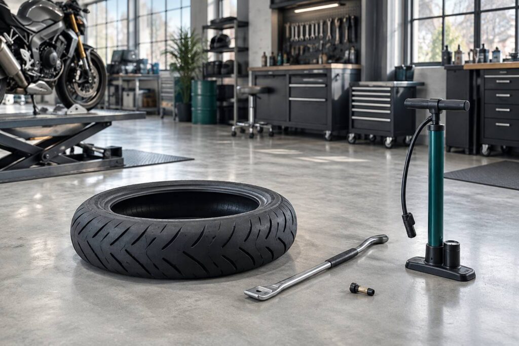 Pneu de moto générique avec démonte-pneu et valve dans un atelier