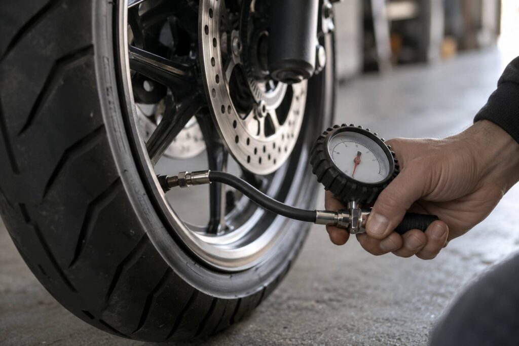 Plan de détail illustrant le sujet de l'article : Pression à froid : pourquoi la mesure se fait moto à l&rsquo;arrêt