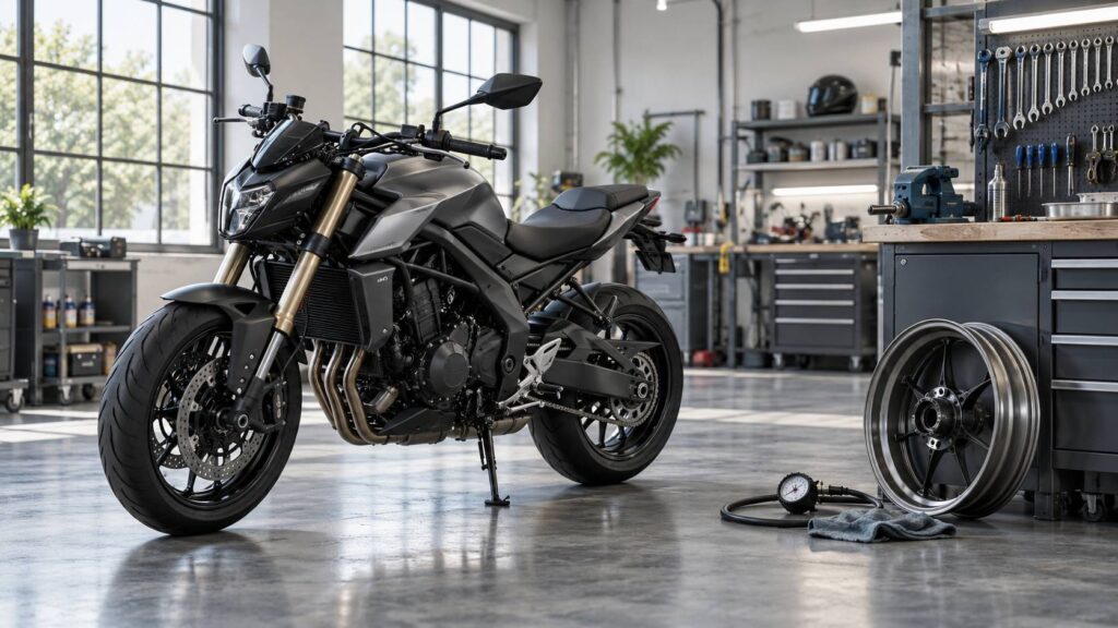 Manomètre posé près du pneu d'une moto sur béquille en atelier
