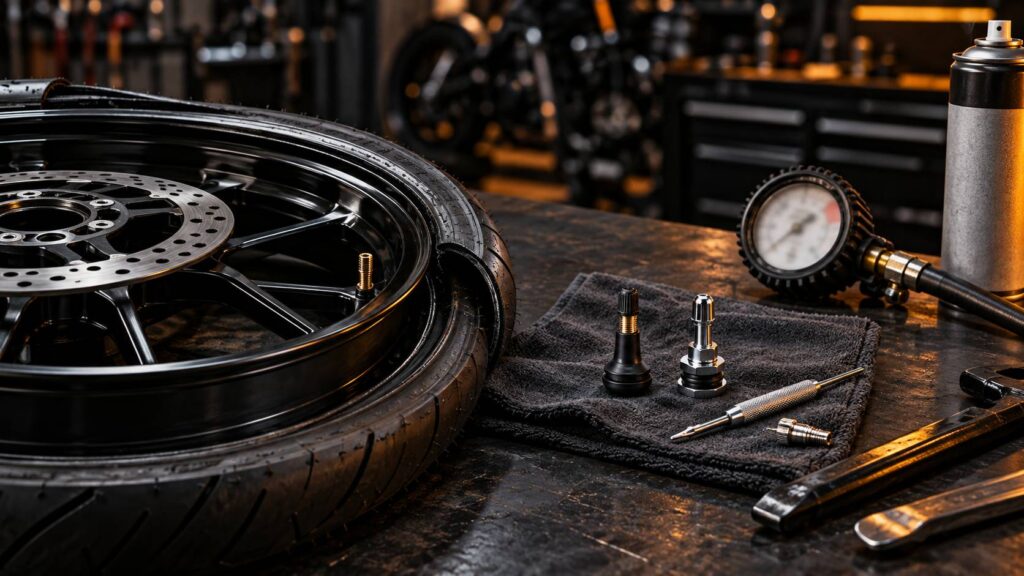 Jante de moto au pneu partiellement démonté avec valves caoutchouc et chrome et outil de pose sur un établi