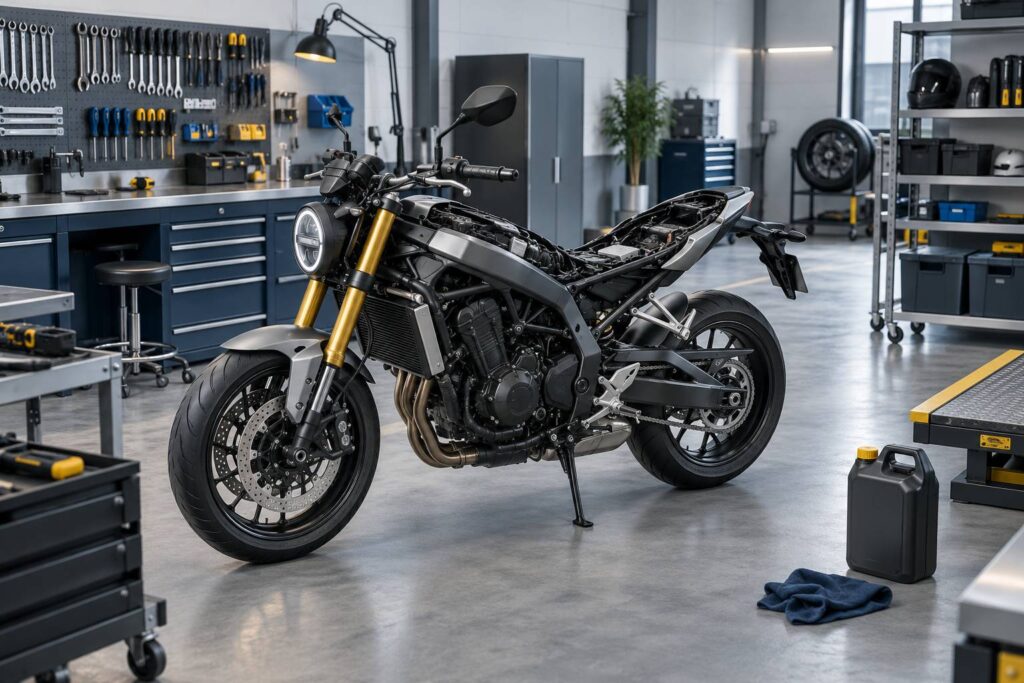 Moto sobre sur bequille dans un atelier avec outillage