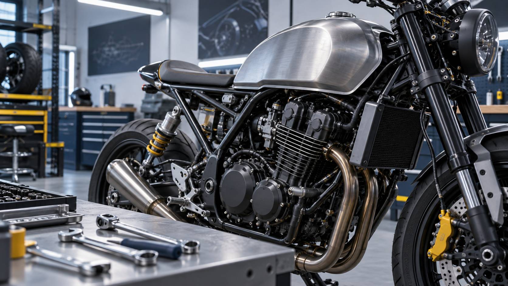 Cadre et mecanique d'une moto vus de pres sur l'etabli
